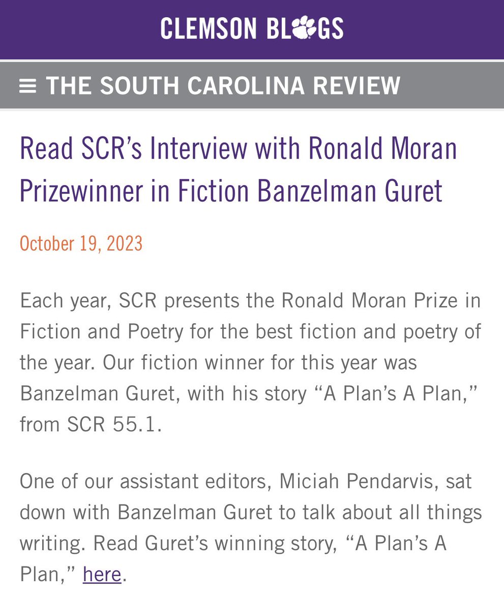 Our interview with Banzelman Guret, the fiction winner from SCR 55.1, is up now on SCR’s website! You can read it here: blogs.clemson.edu/southcarolinar…