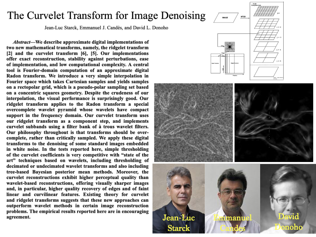 Oldies but goldies: J.L. Starck, E. Candes, D. Donoho, The curvelet transform for image denoising, 2002. First efficient instantiation of the curvelet transform, with applications to denoising. en.wikipedia.org/wiki/Curvelet