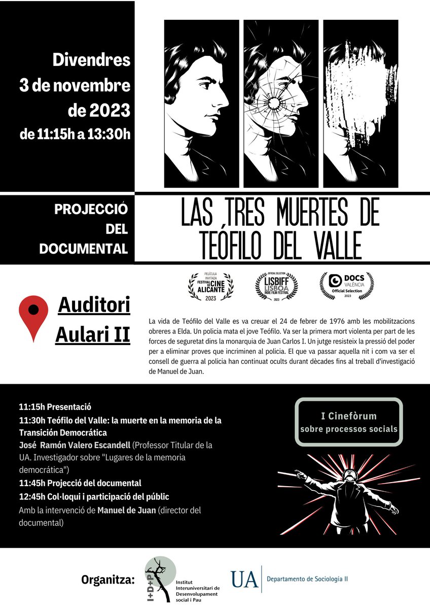 IUDESP (@iudesp) on Twitter photo Comencem el #ICinefòrumSobreProcessosSocials amb la projecció del documental "Las tres muertes de Teófilo del Valle".
T'esperem el 📆 divendres 3 de novembre a les 🕛 11:15h a 📍 l'Auditori de l'Aulari II (sigua.ua.es/index.html?id=…) de la <a href="/UA_Universidad/">Universidad de Alicante UA</a> Comencem el #ICinefòrumSobreProcessosSocials amb la projecció del documental "Las tres muertes de Teófilo del Valle".
T'esperem el 📆 divendres 3 de novembre a les 🕛 11:15h a 📍 l'Auditori de l'Aulari II (sigua.ua.es/index.html?id=…) de la <a href="/UA_Universidad/">Universidad de Alicante UA</a>