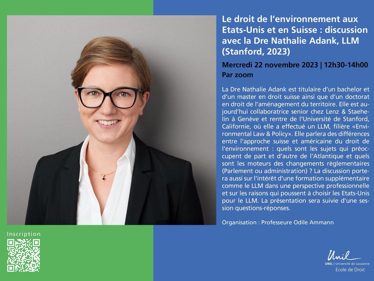 🗓️ Save the date : "Le droit de l'environnement aux Etats-Unis et en Suisse : discussion avec la Dre Nathalie Adank, LLM (Stanford, 2023)", mercredi 22 novembre, 12h30-14h00 CET, par Zoom. 
Inscriptions jusqu'au lundi 20 novembre : agenda.unil.ch/display/169780… <a href="/FDCA_UNIL/">FDCA UNIL (inactif)</a> 🇺🇸♻️🇨🇭