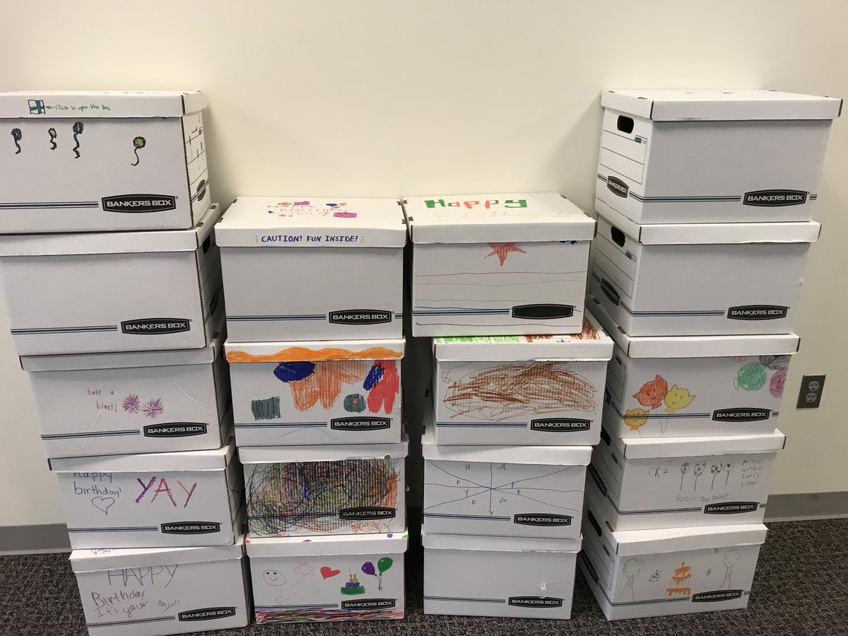 BHFoundforChild's tweet photo. The Dow Jones Family Center partnered with Dow Jones to participate in their #TakeYourChildToWorkDay event. We received donations of the items from our center staff and families as well as from Dow Jones employees. Then the children made cards and decorated the boxes. https://t.co/PiBJSLqp1A