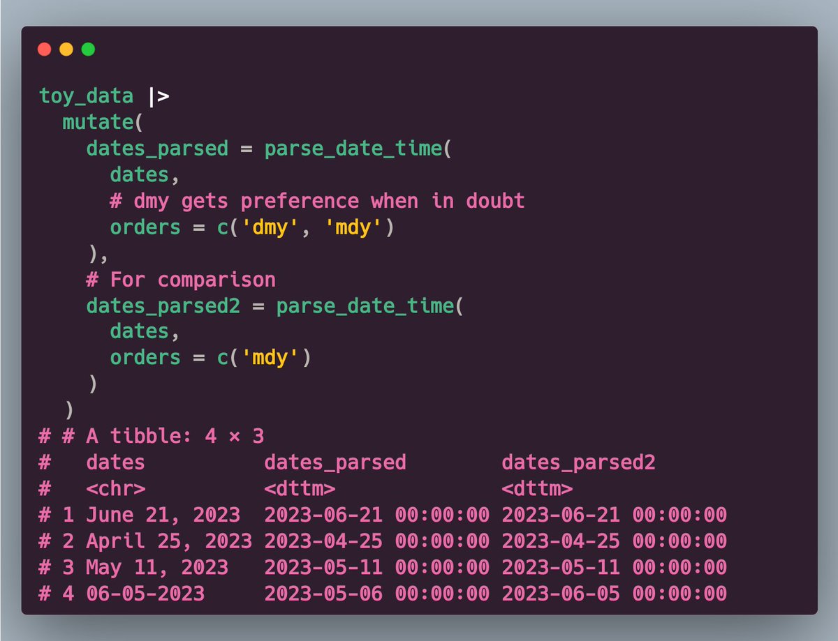 The {lubridate} package gives you data wrangling superpowers.

My favorite trick: Convert text dates into actual dates.

Just specify the orders of day, month and year and `parse_date_time()` will do the rest. It can even handle a mix of formats.