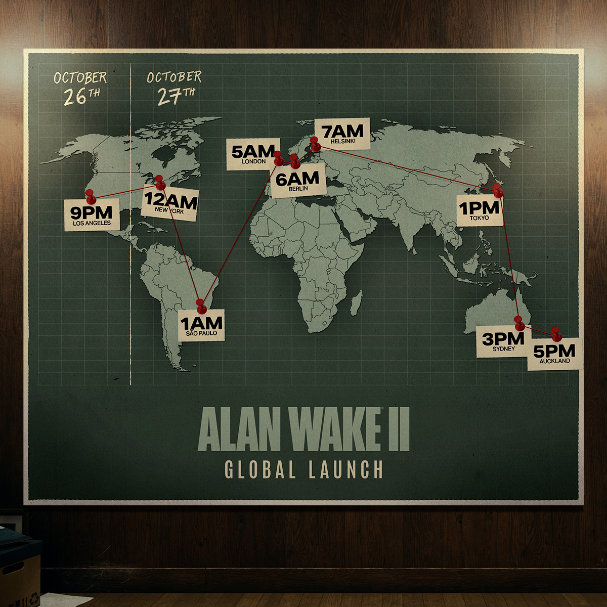 remedygames's tweet photo. We'll be returning to Bright Falls soon. Alan Wake 2 launches in one week. Check your case board below for launch timings. 📝 #AlanWake https://t.co/hYHkdMJMaR