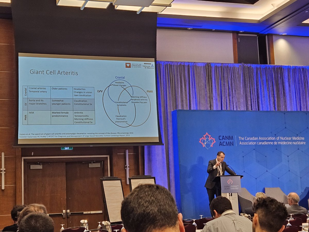 WiefelsC's tweet photo. Brilliant talk by Dr. Matthieu Pelletier Gallarneau about vasculitis, its different forms and pitfalls in reading the scans. After 3 days of steroids, FDG PET is no longer useful! #CANM @ONucmed https://t.co/BszhdKOQcd