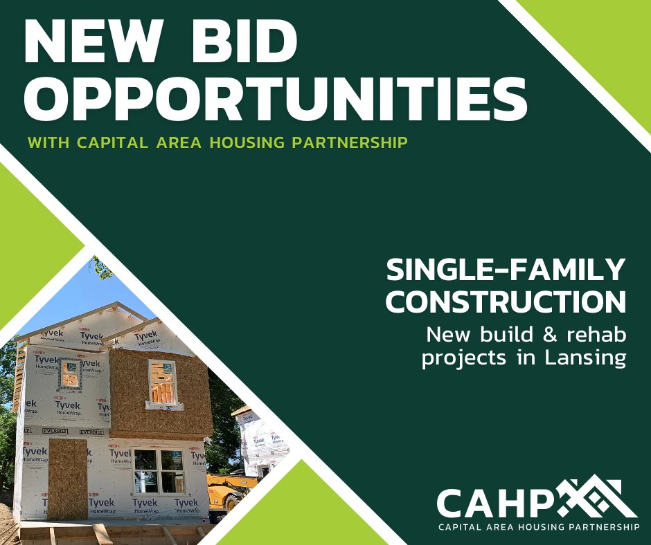 We're accepting competitive bids from licensed contractors to construct and rehabilitate our upcoming line of affordable single-family homes in #Lansing. Information about bid packets, walk-throughs, and submission deadlines is available at cahpmi.org/contractor.