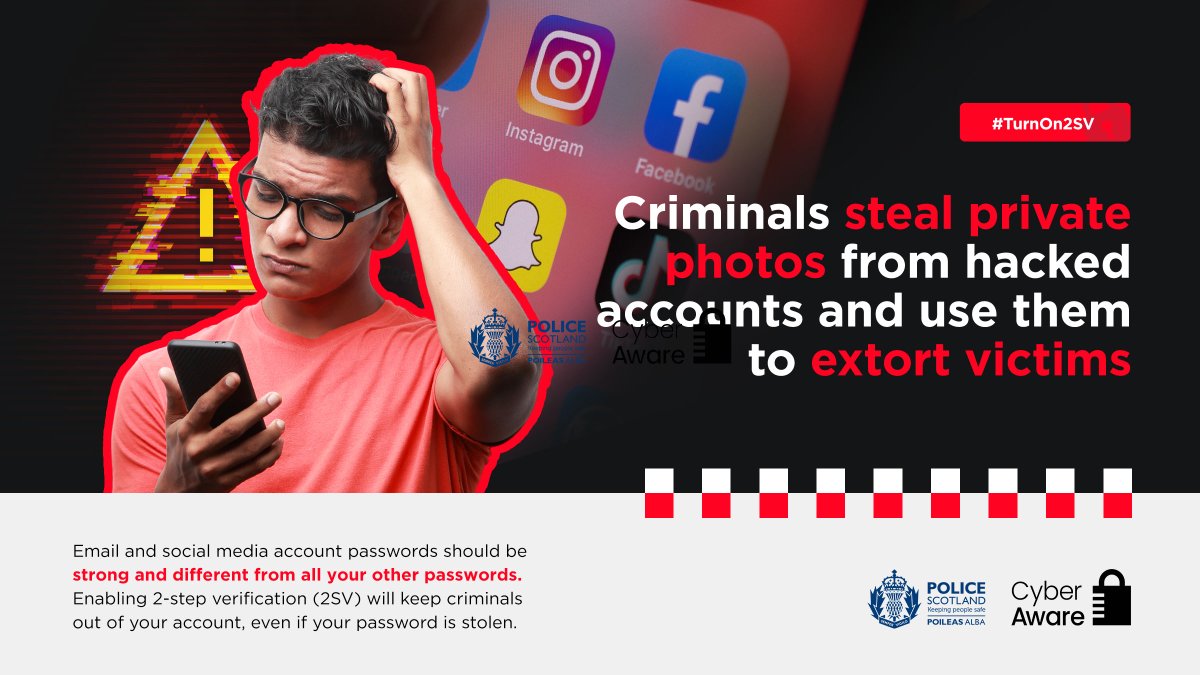 PSOSArgWestDunb's tweet photo. ⚠️Criminals used stolen personal photos and videos to extort victims into promoting scams to their social media followers.

Enabling 2-step verification on your account can keep criminals out, even if they know your password: https://t.co/ykWocEISUK

#TurnOn2SV https://t.co/Wgxcio0uq1