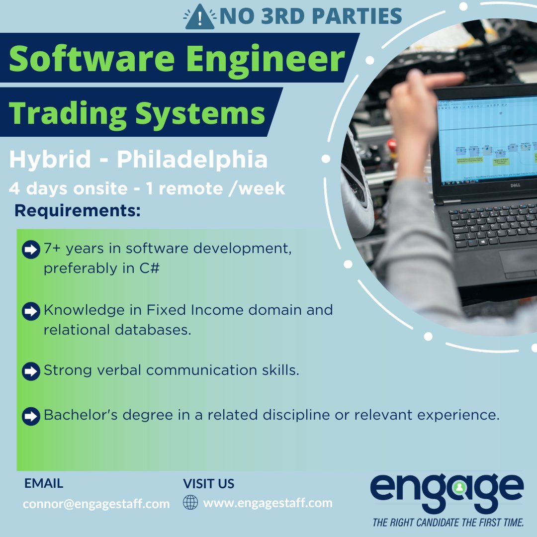 Connor_Engage's tweet photo. #Hiring: Sr. Software Engineer, 7+ yrs in C#/C++ for Trading Systems. Focus on high-freq, low-latency. Knowledge in Fixed-Income &amp; databases. Salary up to $225K TC. Hybrid in PA, 4 days onsite. Relocation available. 

🌐 Apply: https://t.co/kbU3qGCt8V
🚫 No 3rd parties https://t.co/jdfFuLIv89