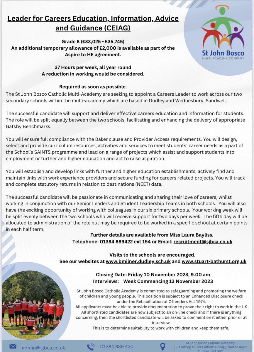 Come and join us and our sister school! 

Vacancy: We require a Leader for Careers Education, Information and Advice as soon as possible.

Take a look below ⬇️