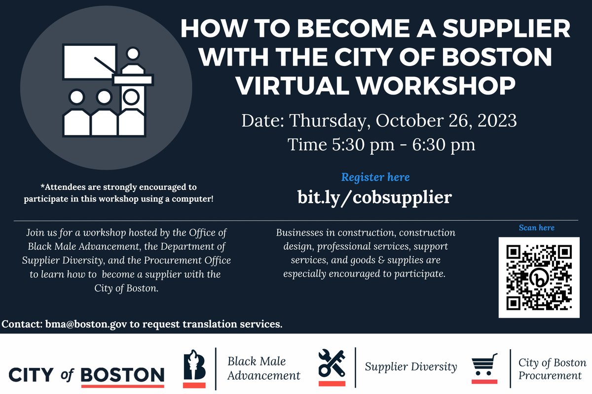 Learn how to become a supplier with the City of Boston by attending a virtual workshop hosted by @officeofbma, the Department of Supplier Diversity and Procurement. 👇 📅 Thursday, October 26 ⏰ 5:30-6:30 p.m. 📍 bit.ly/cobsupplier
