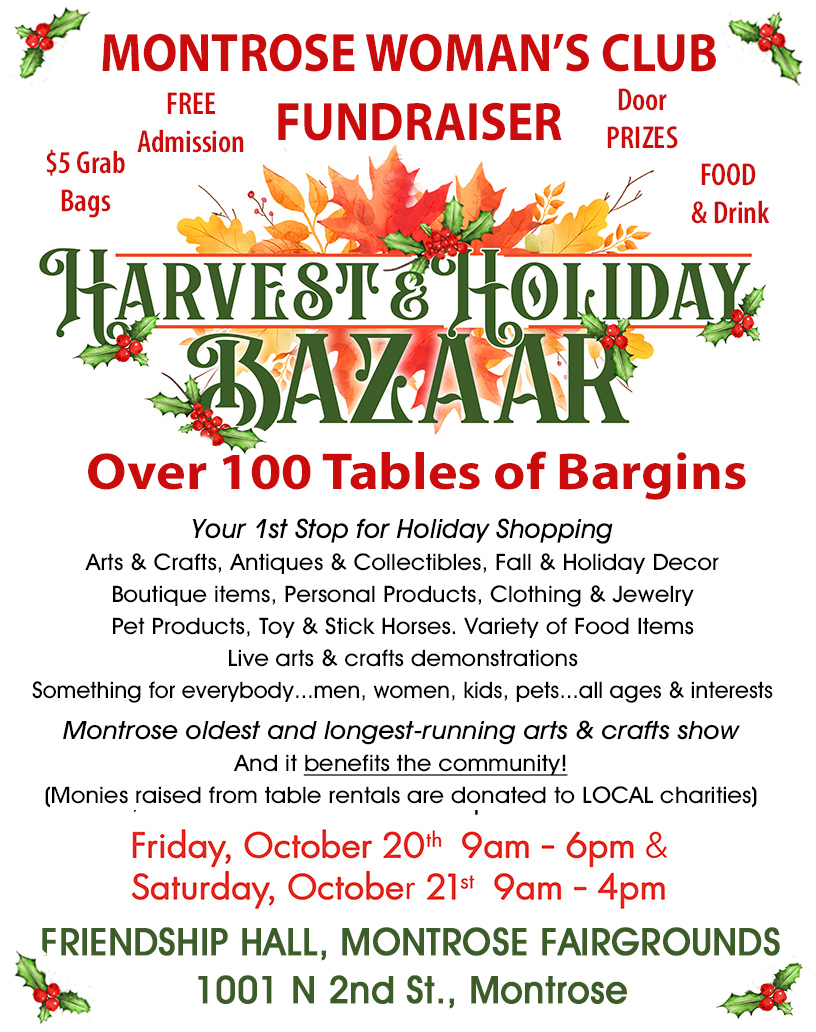 Searching for that perfect Christmas gift? 🎁 💝 Look no further! The Harvest and Holiday Bazaar runs today from 9 am - 6 pm and tomorrow from 9 am - 4 pm at Friendship Hall, Montrose County Fairgrounds.

For more information visit kathrynrburke.com/102023-mwc-baz…