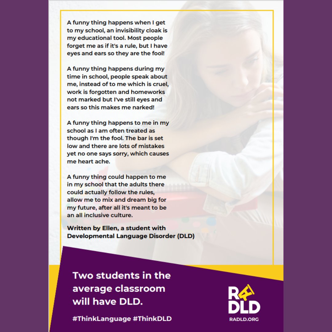 🗣️Oral language is the foundation of our curriculum; therefore, language disorders, including #DevLangDis, must be at the forefront of our minds as teachers, parents and professionals. 🌟Find out more about #DLDday and #DLD here➡️ow.ly/S2Qy50PYM7v or follow @RADLDcam 💜