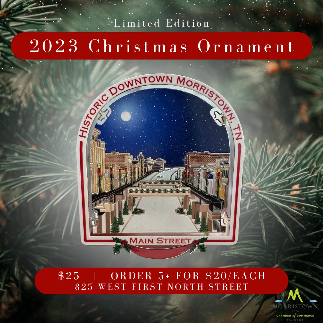 TNMACC's tweet photo. The 2023 limited edition Christmas ornament is on sale now for $25! 🎄

You can buy yours at the Chamber office located at 825 W First North Street or call us at 423-586-6382 to reserve yours until you can come by.

If you order 5 or more, ornaments are $20/each.
#MorristownTN https://t.co/9fcfnw0xyF