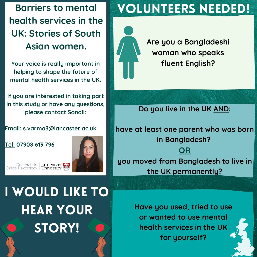 📣📣📣 PARTICIPANTS NEEDED📣📣📣 Recruitment is now open to first AND second generation #Bangladeshi women! 🇧🇩🇬🇧 Get in touch to share your story! 😊 S.varma3@lancaster.ac.uk @LancsDClinPsy #bangladeshiwomen #bengaliwomen #southasianwomen #dclinpsy #mentalhealth