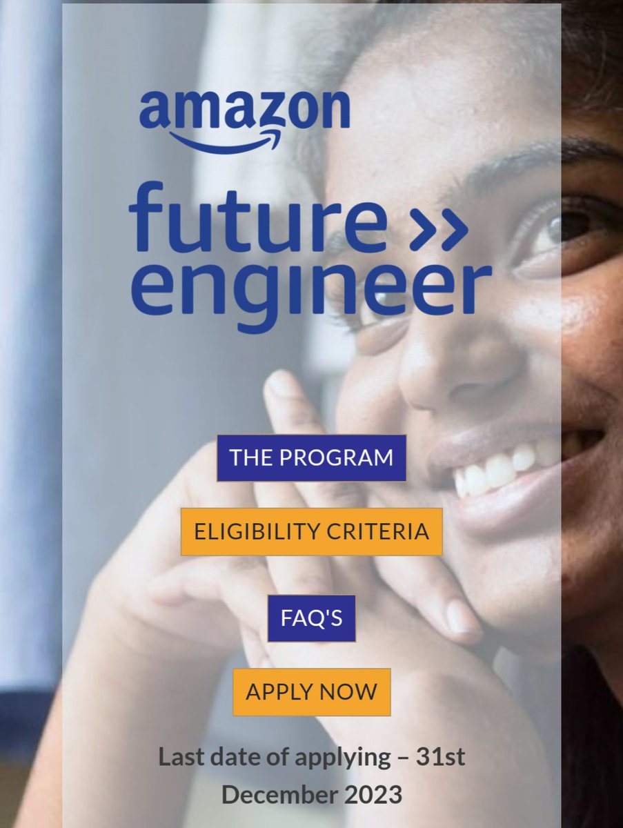 Amazon Future Engineer #Scholarship 
- For IT/CSE 1st year First Graduate Girl Students.
- Family Annual Income <3 lakhs.
- Benefits : ₹50,000/year 
- Chance of Amazon Internship, mentorship, skill building opportunities and more 
Apply before Dec 31 at
ffe.org/amazon-future-…