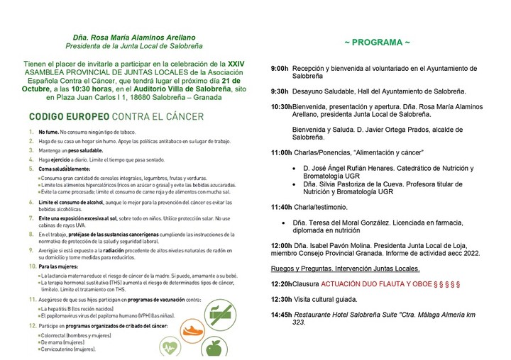 javier_alcalde_'s tweet photo. La AECC celebra en Salobreña su XXIV Asamblea anual.

 Representantes de las Juntas locales de la Asociación Española Contra el Cáncer de toda la provincia de Granada se reunirán mañana sábado en el Auditorio de Salobreña en su Asamblea anual.

#aecc
#Salobreña 
#HaciendoPueblo https://t.co/U9wUhxvJNV