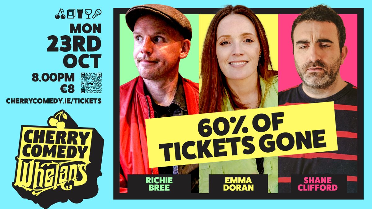 CherryComedy's tweet image. This Saturday, October 23 LIVE at #CherryComedy @whelanslive | Doors 8pm 🍒

60% of Tickets have been sold. Triple Headline Special is going fast, don't miss out! 🔥

🎟 CHERRYCOMEDY.ie