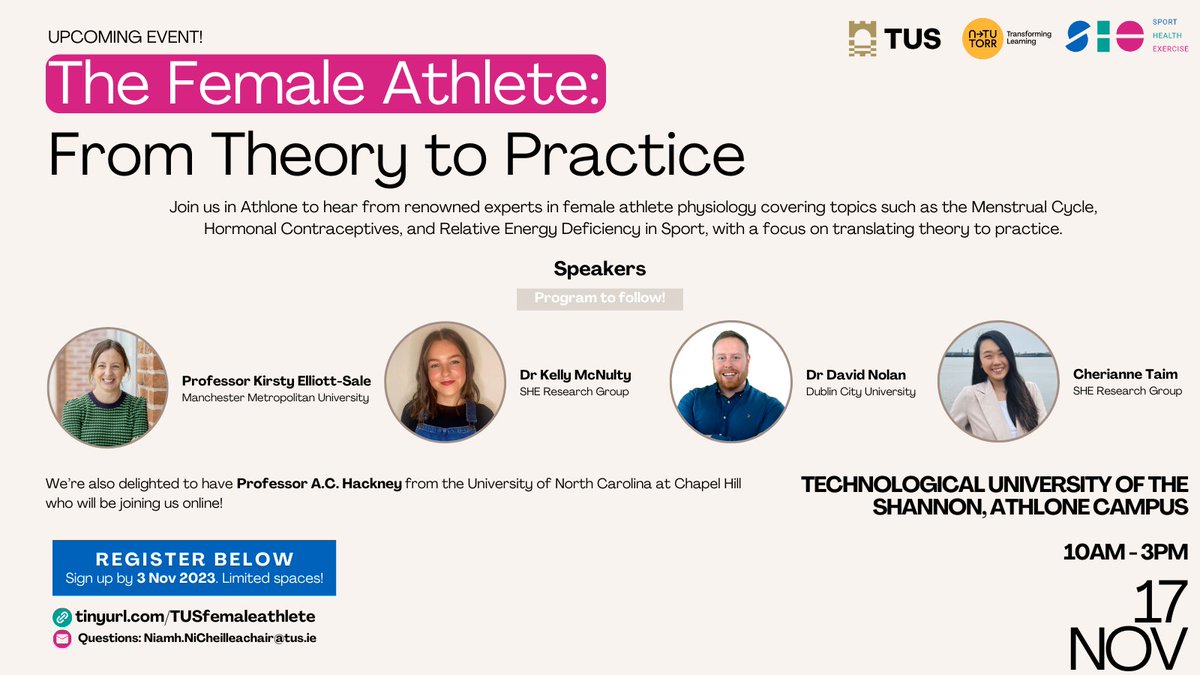 🚨Save the date Delighted to announce as part of @ntutorr project we're holding a seminar day 'The Female Athlete: From Theory to Practice' in Athlone on 17th Nov @TUS_ie. Excited about our fantastic line up 🤩 With limited spaces register here early: tinyurl.com/TUSfemaleathle…