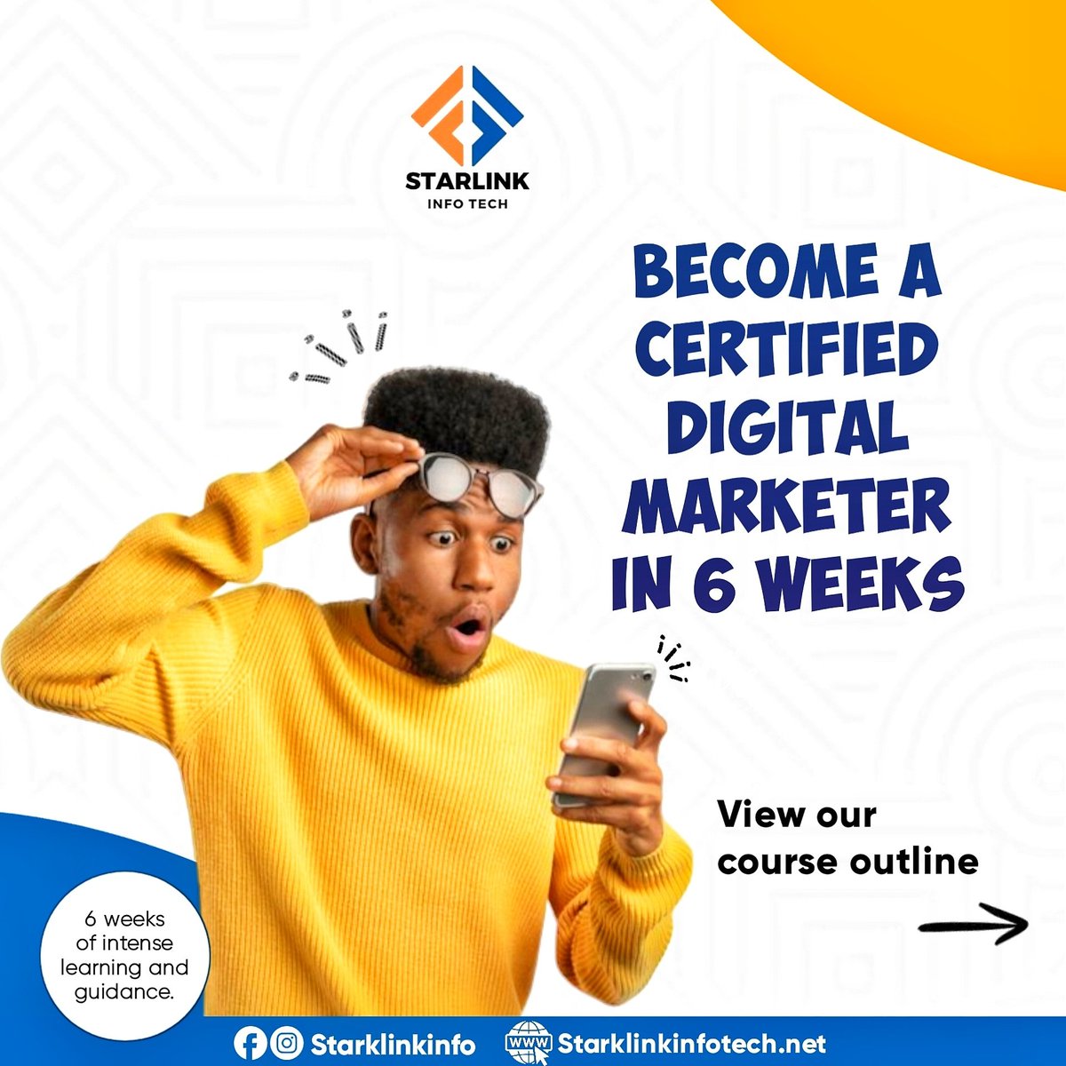 StarlinkInfo's tweet photo. Finally, The much-awaited Digital Marketing Course is here. 
Become a certified digital marketer in 6 weeks. 
Training is strictly online 
Send a DM to get yourself Enrolled. 

#starlinkinfo #starlink #starlinkinfotech #digitalmarketing #socialmedia #seo #searchengineoptimiz https://t.co/bw6qNOLNYF