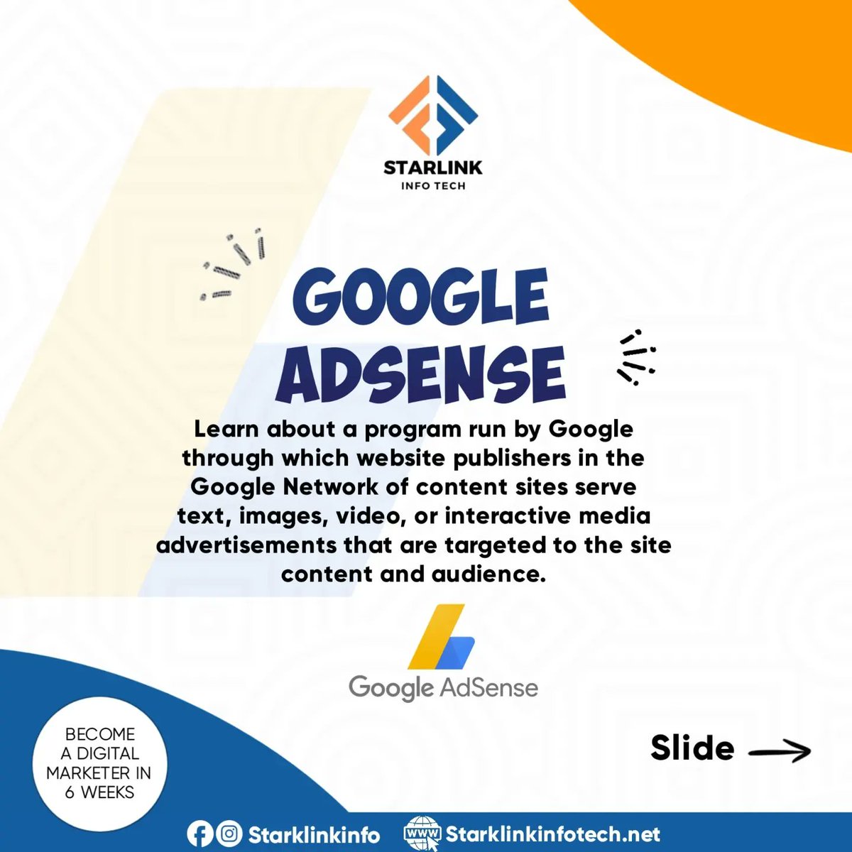 StarlinkInfo's tweet photo. Finally, The much-awaited Digital Marketing Course is here. 
Become a certified digital marketer in 6 weeks. 
Training is strictly online 
Send a DM to get yourself Enrolled. 

#starlinkinfo #starlink #starlinkinfotech #digitalmarketing #socialmedia #seo #searchengineoptimiz https://t.co/bw6qNOLNYF