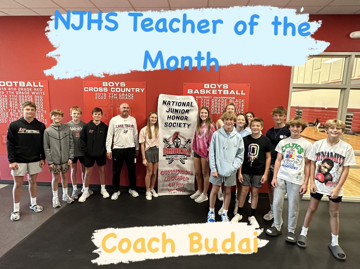 Congrats to Coach Budai <a href="/AthleticsBCMS/">Bee Cave Raiders Athletics</a> for being recognized as the NJHS Teacher of the Month! NJHS appreciates your leadership, dedication, support and all that you do for BCMS!