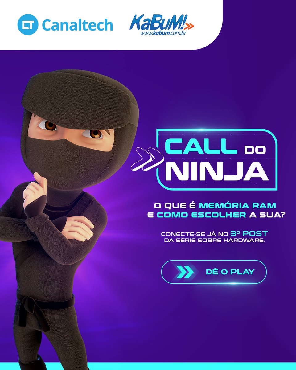 canaltech's tweet photo. E aí, #CanalTecher!
O Ninja do @kabumcombr tá na área com mais um call sobre Hardware.

E pra hoje nós vamos falar dela: MEMÓRIA RAM 📷
- Quer saber com a sua utilidade no Setup? 📷

Então, oh, vem com o Ninja 📷
#KaBuM #MemoriaRAM #CanalTech #publi https://t.co/G76thj7NV2