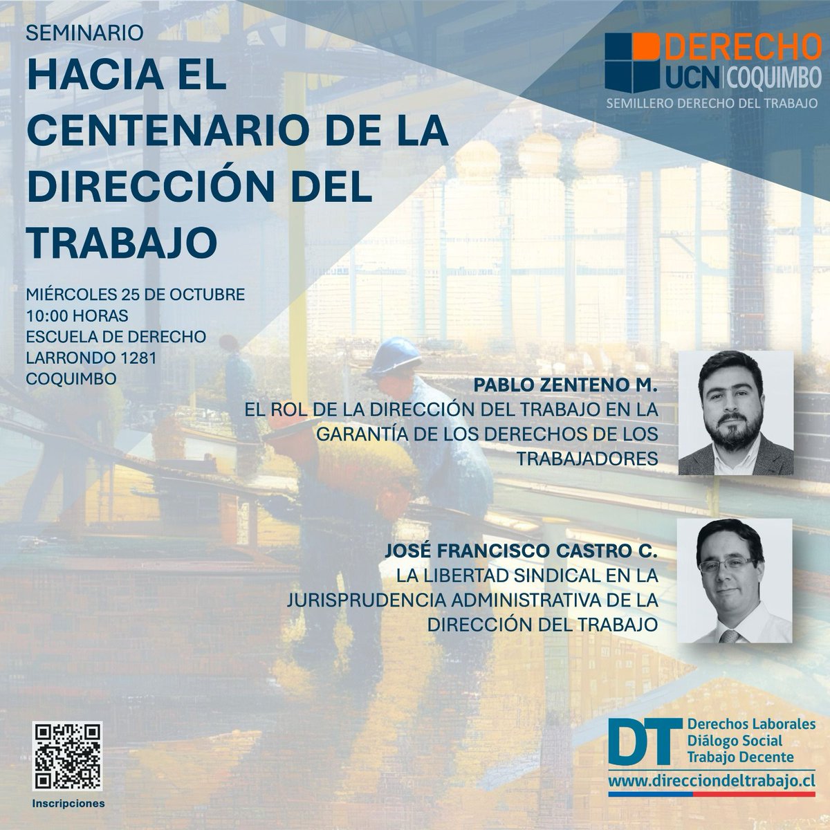 Este miércoles 25 de octubre estaremos en la <a href="/UCN_Coquimbo/">UCN Coquimbo</a> junto a <a href="/pzenteno01/">Pablo Zenteno Muñoz</a> hablando sobre el rol de la <a href="/DirecDelTrabajo/">Dirección del Trabajo</a> y la libertad sindical, a propósito de su próximo centenario