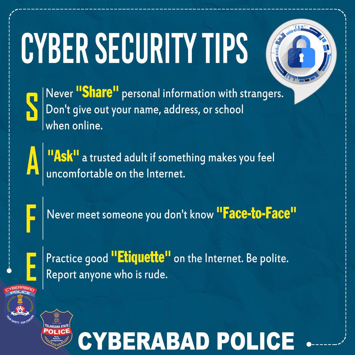 Cyber Safety tips for everyone! Have a safe browsing.

#CyberSafety #CyberSafetyTips #OnlineSafety