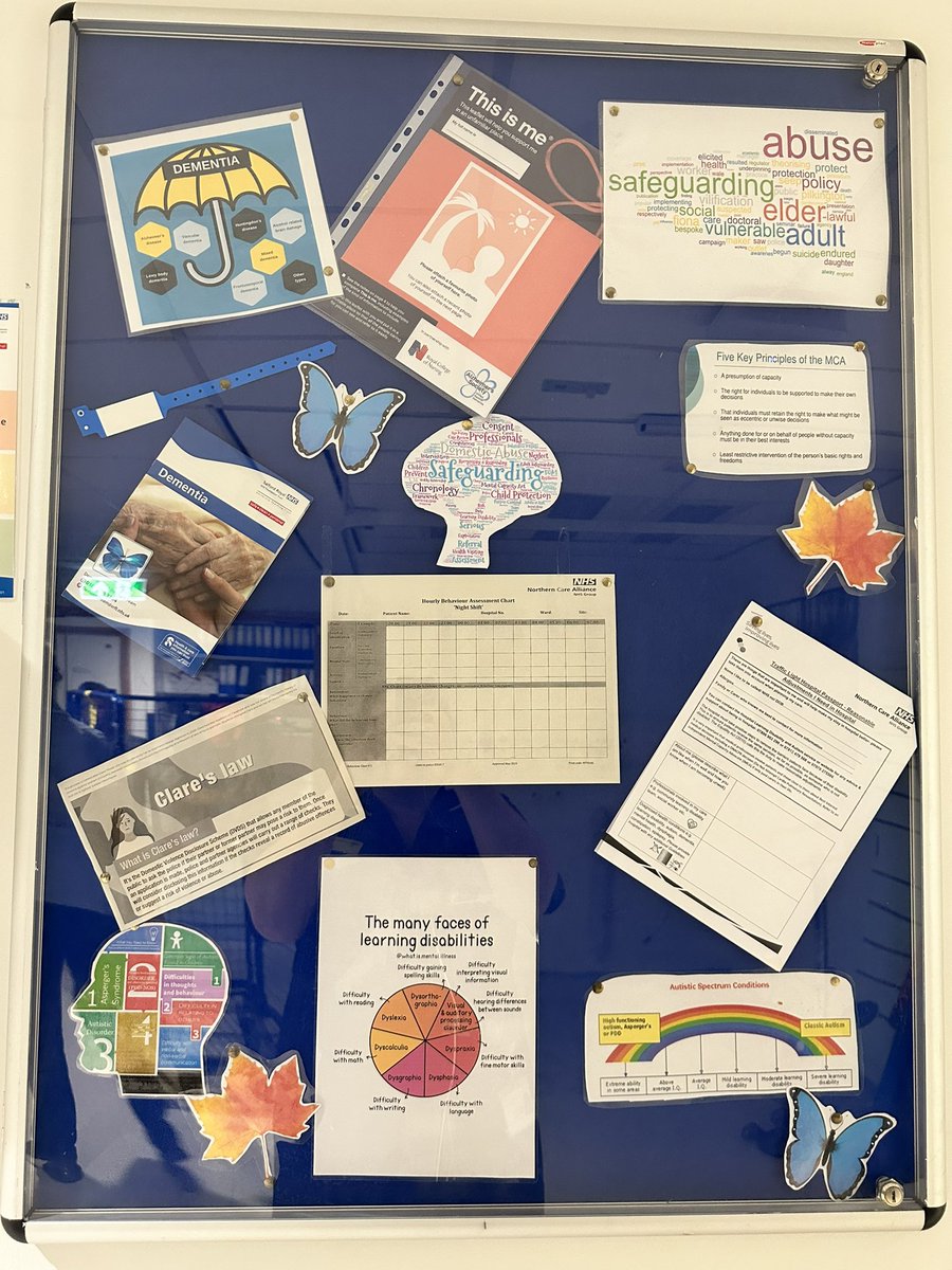 HCU_SCO's tweet photo. 🍁🦋Safeguarding education/ resource board 🍁 🦋 #staffeducation #supportingpatients #cognitiveimpairment #MCA #claireslaw #learningdisabilites @jenniferCourbet @deborahcarr1984 @SalfordCO_NHS https://t.co/vODSKbofLL