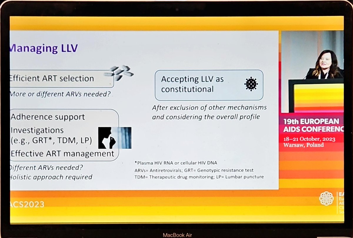 Prof @GerettiAnna discusses mechanisms and factors associated with low level viraemia. Tips to manage LLV - efficient ART selection -Adherence support -Investigations eg. Genotype, TDM, LP -after excluding other mechanisms, consider accepting LLV as consituational. #EACS2023