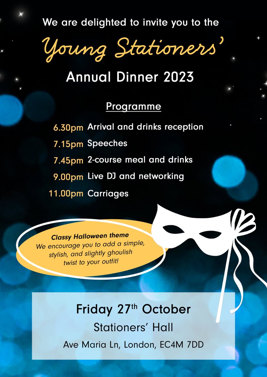 1 WEEK TO GO! 
The dinner is 1 week away, secure your ticket now if you still want one 🎉 
We're looking forward to seeing everyone!
@StationersHall 
<a href="/stationerscomms/">The Stationers' Company</a> 
#networking #Halloween