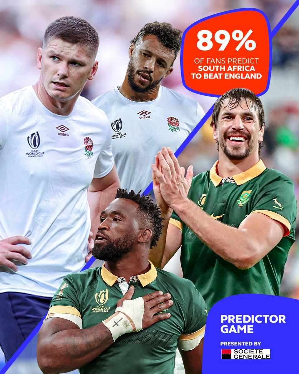 rugbyworldcup's tweet photo. Will England defy the predictions? โ๏ธ Or will South Africa deliver when it's needed most? ๐ช
Predict the #ENGvRSA result here: https://t.co/K8L9bkplLi
@Paramourdurugby | @SocieteGenerale | #PredictorGame | #RWC2023 https://t.co/Vn8p6e8SyO