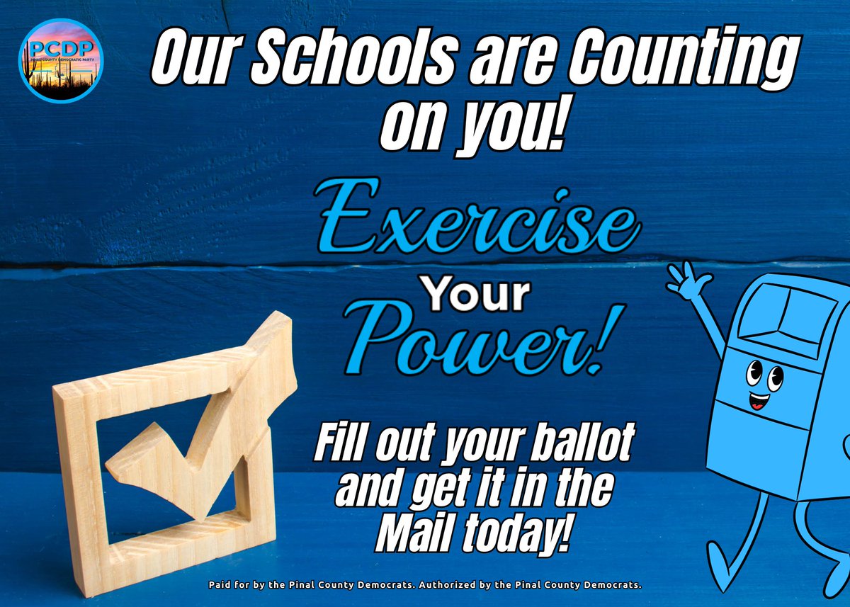 PinalDems's tweet photo. Supporting our local schools has never been easier! Don't wait till tomorrow or leave your ballot on the Kitchen table. Fill it out and get it in the mail today!
@d15dems @arizona_sos @Stand4Children @LD17AZDemocrats @AZLD16Dems @azdemparty https://t.co/FsyasroKTc