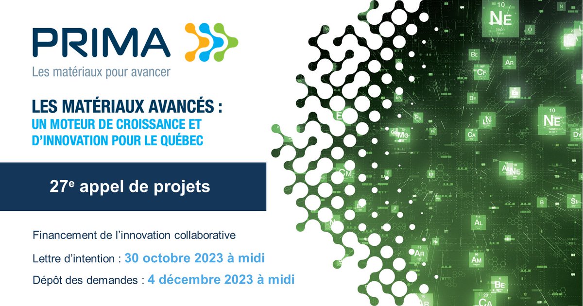 PRIMAQUEBEC's tweet photo. DERNIER RAPPEL - APPEL DE PROJETS GÉNÉRAL
Avez-vous soumis votre lettre d'intention pour l'appel de projets général de @PRIMAQUEBEC ? La date limite est le 30 octobre 2023 à midi.
#appeldeprojets #innovation #matériauxavancés #recherche
https://t.co/MamK5KlByt https://t.co/u68DJlQxAM