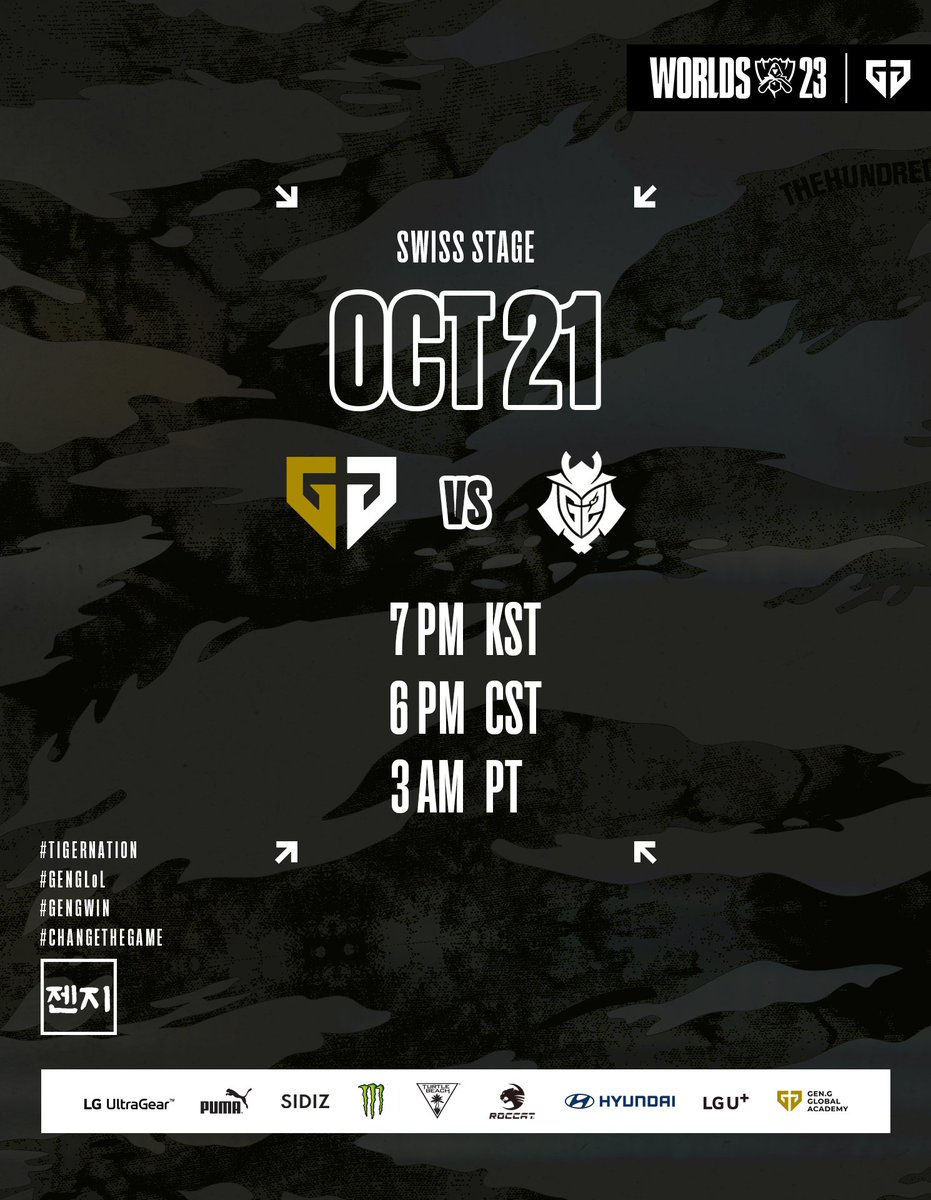 GenG_KR's tweet photo. Swiss Stage (Bo3)
🆚 @G2League

7PM KST | 6PM CST | 3AM PT

#TigerNation #GenGLoL #GenGWIN #Worlds2023 https://t.co/Bm65aqz4Pv