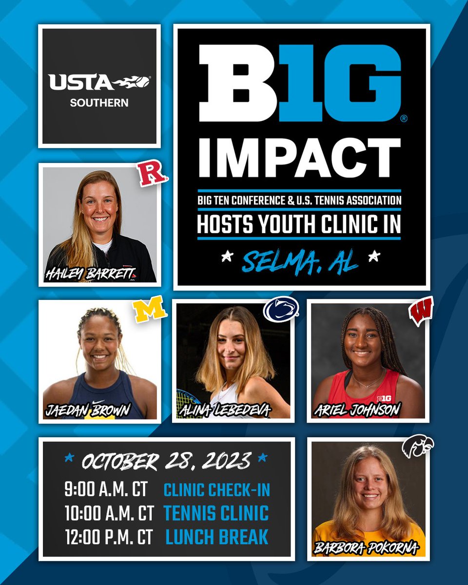 bigten's tweet photo. 🎾 The #B1G Conference is excited to host the 2023 #B1GImpact Youth Tennis Clinic in Selma, AL next week in partnership with U.S. Tennis Association (@usta). https://t.co/ciduPBch7p