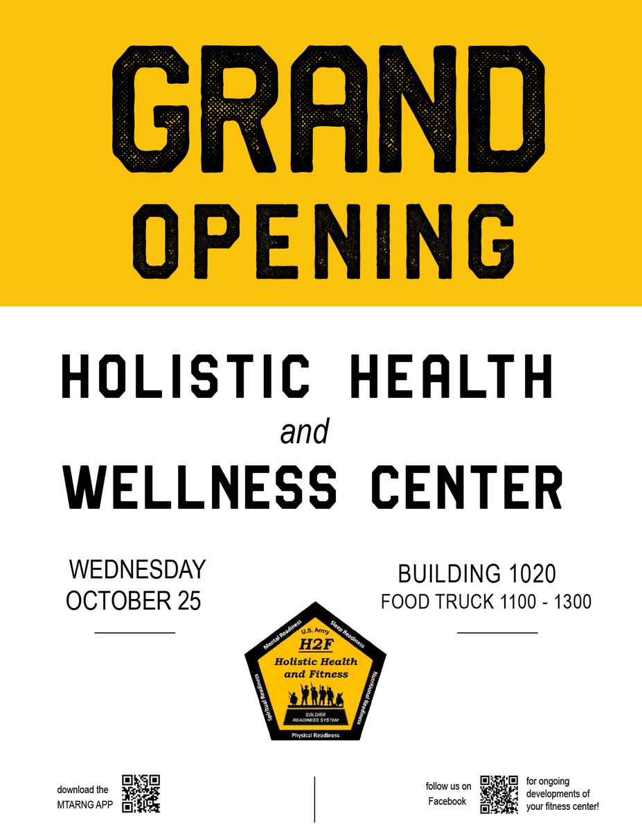 Join us Wednesday, October 25, to celebrate the grand opening of the new Holistic Health and Wellness Center from 1100-1300 at Building 1020 on Fort Harrison. The facility will provide a space to conduct ACFT, classes on strength training and yoga, meal prep. classes, and more.
