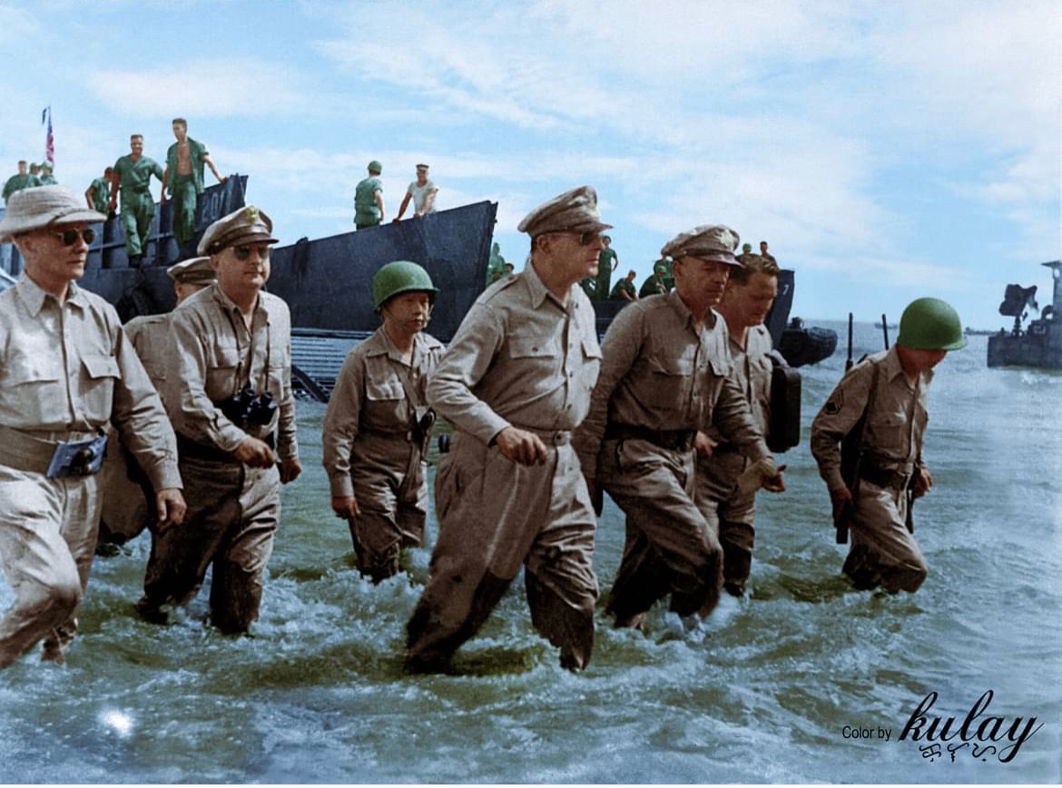 Jason_R_Burt's tweet photo. 79 years ago today, General Douglas MacArthur wades ashore during initial landings at Leyte in the Philippine Islands. 🪖

He has returned 🇺🇸 https://t.co/uR6eN32yev