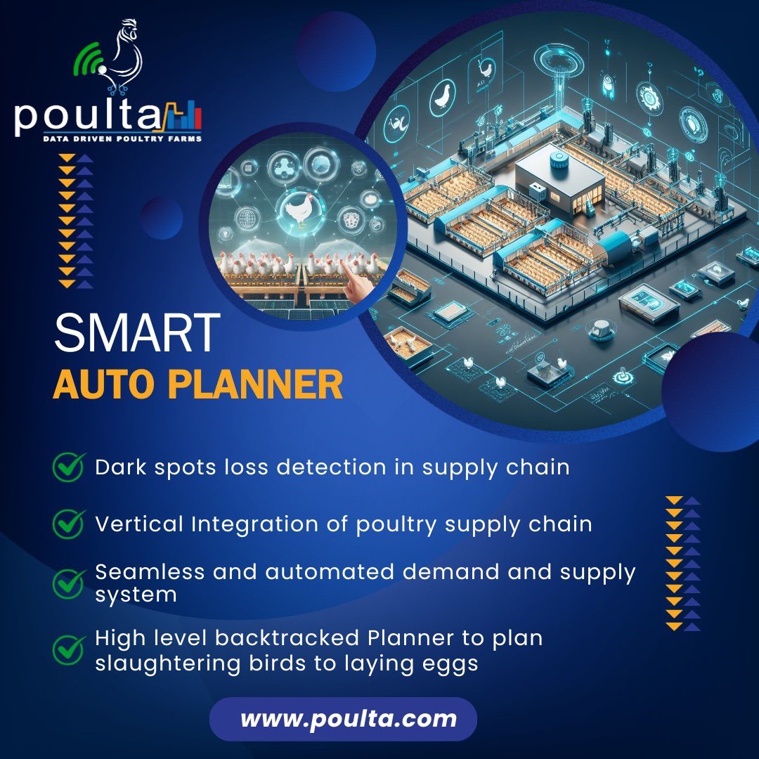 Poultainc's tweet photo. 🚀 Unlocking Efficiency with Poulta's Smart Auto Planner! 📊 Say goodbye to supply chain dark spots. 🔄 From slaughtering birds to laying eggs, our high-level, end-to-end planner ensures seamless vertical integration. 🐔🥚 #SupplyChainSolutions #SmartAutoPlanner #PoultrySupply https://t.co/PaEOVteajv