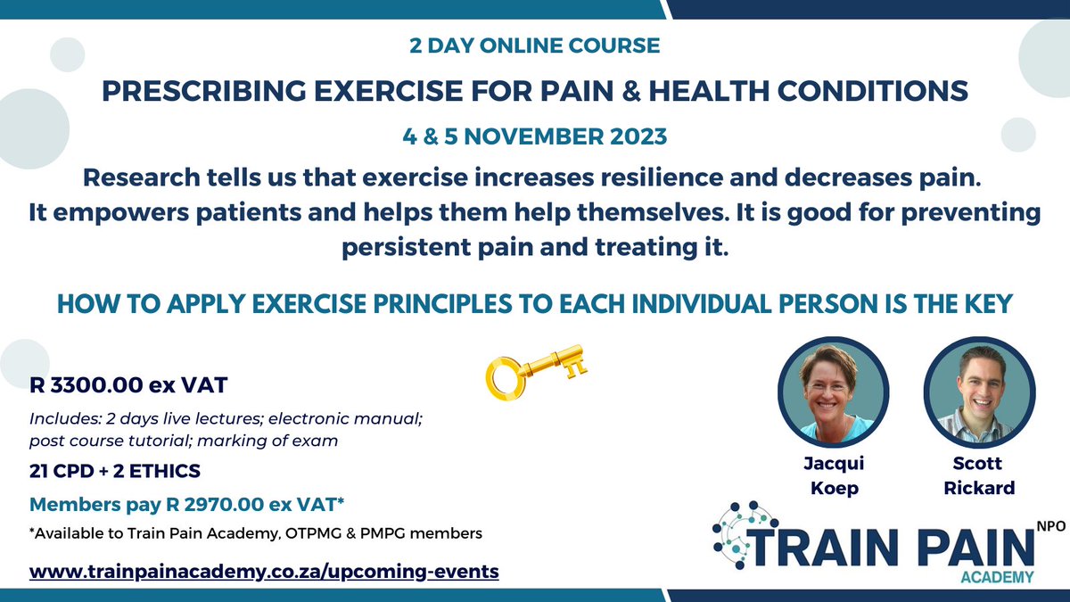 TrainPainSA's tweet photo. Newly revamped course previously known as Exercise for Pain Rehabilitation... Book your seat at https://t.co/wcK8API69G
#trainpainacademy #cpdcourses #painmanagement #exerciseismedicine https://t.co/a9XwrpVDEr