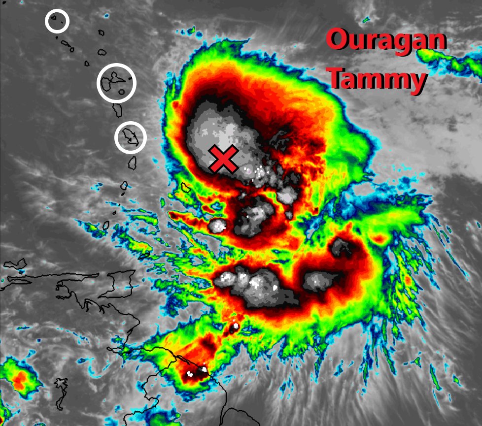 Meteouragans's tweet photo. ⚠️ALERTE INFO
La TT #Tammy s'est renforcée à l'Est de la #Martinique et devient un #ouragan de cat.1 vs 120 km/h 992 hPa. Déplacement vers l'Ouest-Nord-Ouest à 11 km/h. C'est le 7ème ouragan de la saison cyclonique 2023 en atlantique. Préservez mon activité svp en versant 10€ https://t.co/WTEC0v10rx