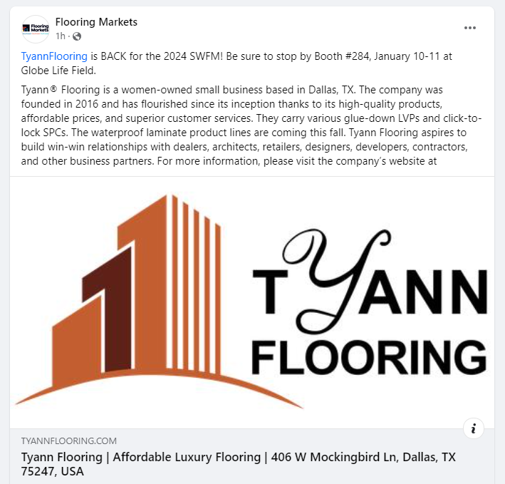 Tyann_Flooring's tweet photo. Big thanks to the @FlooringMarkets for their outstanding work on the 2024 SWFM. We're excited to showcase Tyann Flooring innovations at Booth #284, Globe Life Field, 1/11 ~ 1/12, 2024. Join us for an unforgettable experience!🤩#swfm #swfm2024 #tradeshow #flooring #Dallas #Tyann https://t.co/JIxfEe6Ylx