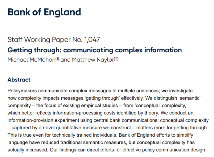 Matthew Naylor (@matthewnaylor_) on Twitter photo Using my very first tweet to announce a new <a href="/BoE_Research/">Bank of England Research</a> and <a href="/cepr_org/">CEPR</a> working paper with <a href="/mcmahonecon/">Michael McMahon</a>. We investigate how complex information can be communicated effectively to a broad range of audiences. 1/7 bankofengland.co.uk/working-paper/… Using my very first tweet to announce a new <a href="/BoE_Research/">Bank of England Research</a> and <a href="/cepr_org/">CEPR</a> working paper with <a href="/mcmahonecon/">Michael McMahon</a>. We investigate how complex information can be communicated effectively to a broad range of audiences. 1/7 bankofengland.co.uk/working-paper/…