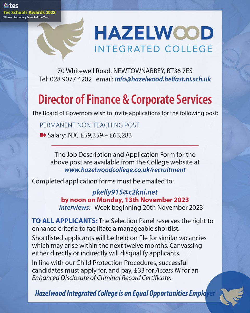 hazelwoodni's tweet image. **VACANCIES**

Director of Finance &amp;amp; Corporate Services required at Hazelwood Integrated College.

See attached and visit hazelwoodcollege.co.uk/recruitment/ 

Please share.

@niciebelfast 
@IEFNI 
@IntEdAlumni