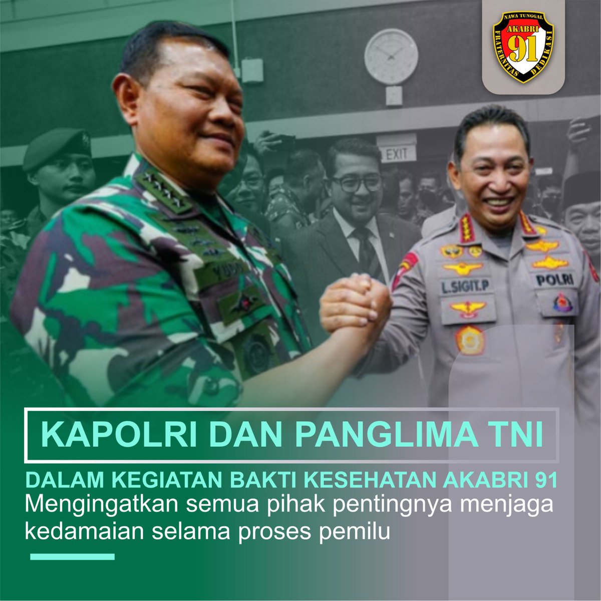 Devianti169's tweet photo. Kapolri dan panglima TNI mengatakan dalam kegiatan bakti kesehatan Akabri 91, mengingatkan semua pihak pentingnya menjaga kedamaian selama proses pemilu.

#BakkesAkabri91
Wujudkan Pemilu Damai
TNIPolri Bersama Rakyat https://t.co/6HnKxTAQSS