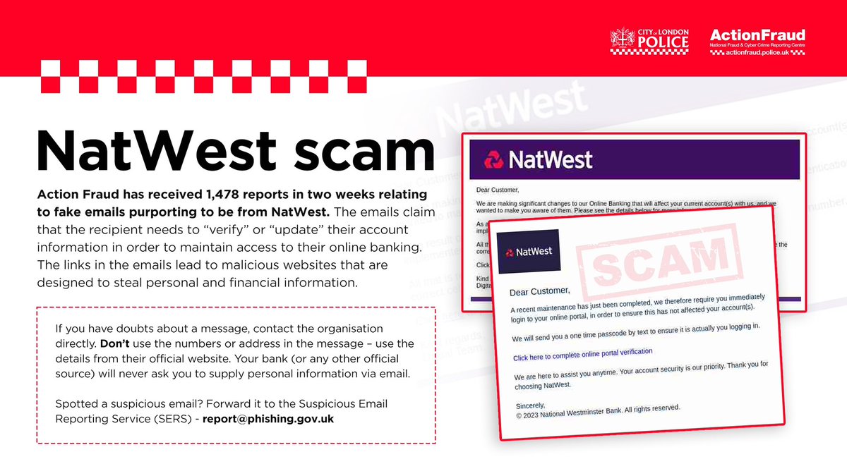 ⚠️ Have you received one of these emails asking you to verify or update your NatWest account details? 🤔 Dont take the bait! 🎣

The emails are FAKE and the links lead to malicious websites that are designed to steal your personal and financial information #PhishyFridays