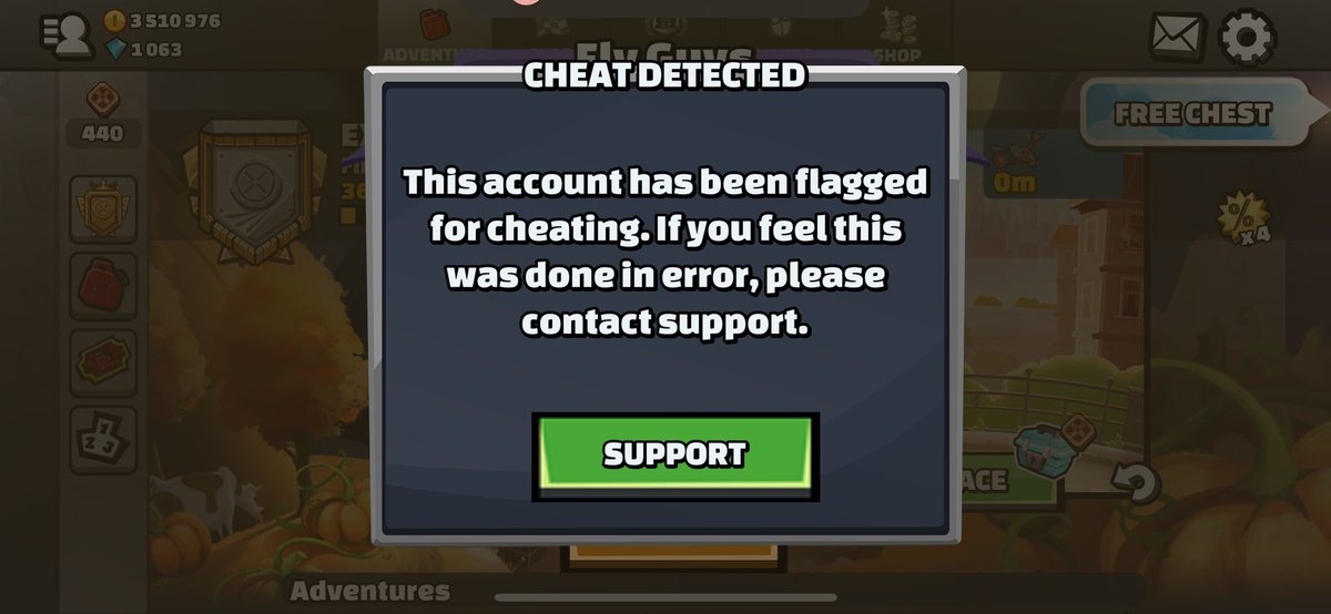 Anthonylong100's tweet photo. @Fingersoft banning, wiping the history and accusing someone of cheating…..what a poor show. 5 or 6 years of playing gone. Paid for upgrades and no ads….gone. For no reason….i did nothing wrong. You in affect stole my money….not happy. https://t.co/l8mD58jz10