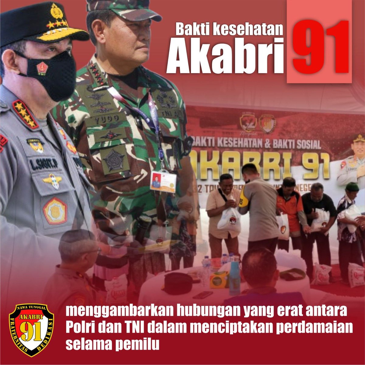 Tantrianit30596's tweet photo. Bakti kesehatan Akabri 91 menggambarkan hubungan yang erat antara polri dan TNI dalam menciptakan perdamaian selama pemilu..

#BakkesAkabri91
Wujudkan Pemilu Damai
TNIPolri Bersama Rakyat https://t.co/M2Gtzmxdoe