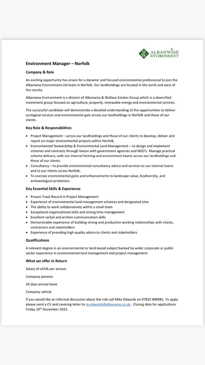 We are #hiring ! 
A new and exciting opportunity has arisen to join our team taking on the role of #Environment Manager. If you have experience in #projectmanagement , #landmanagement or #environmentalconsultancy  then this could be the role for you. 
See advert for details.