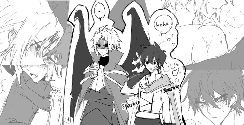 tldr i was talking about short top with friends and thought which one my ship has very short top lol there's ein/ledah

and yeah apparently you can't stop me from drawing BL p0rn in 90's dead harem game 