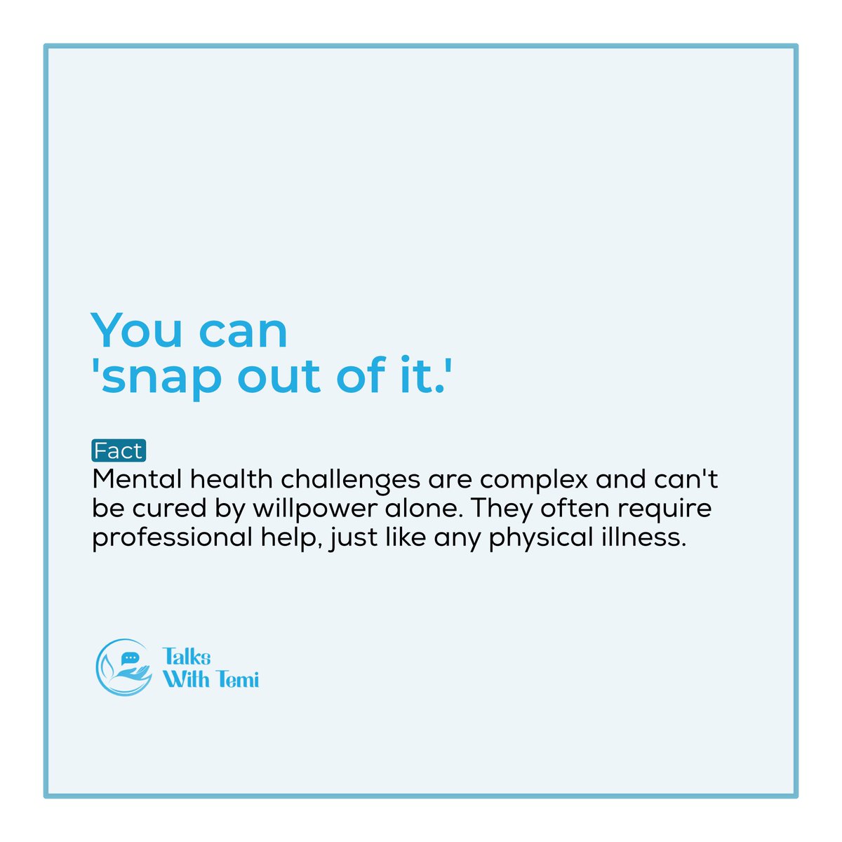 Although it is true that mental health has gained more attention than it has in the past, there is still a lot of stigma attached to it.

It's time to start refuting misconceptions about mental health. These are a few common misconceptions on mental health. 
#mentalhealthmyths